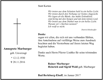 Traueranzeige von Annegrete Marburger von Tageszeitung