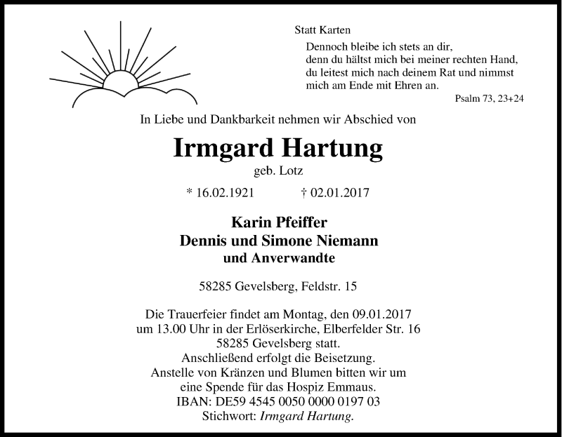  Traueranzeige für Irmgard Hartung vom 05.01.2017 aus Tageszeitung