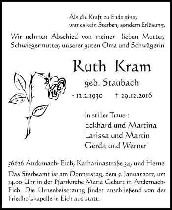 Traueranzeige von Ruth Kram von Tageszeitung