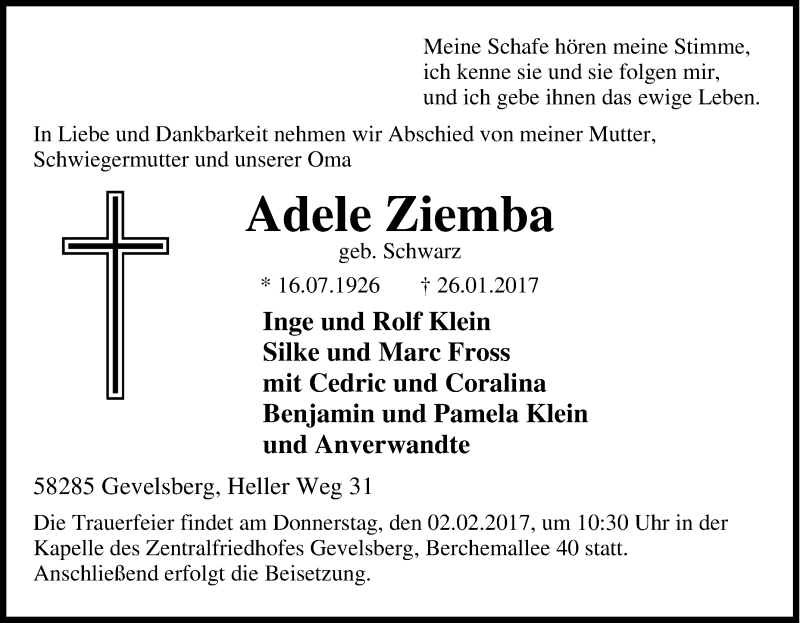  Traueranzeige für Adele Ziemba vom 28.01.2017 aus Tageszeitung