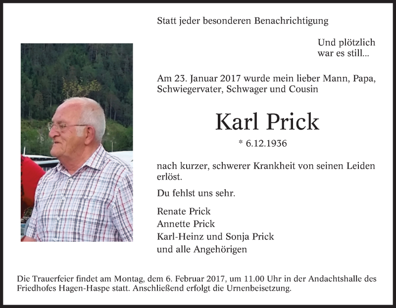  Traueranzeige für Karl Prick vom 28.01.2017 aus Tageszeitung