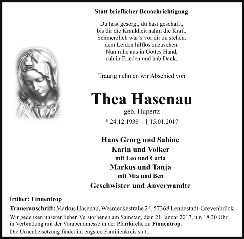  Traueranzeige für Thea Hasenau vom 17.01.2017 aus Tageszeitung