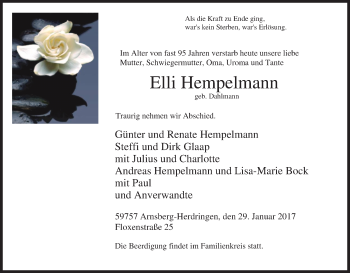 Traueranzeige von Elli Hempelmann von Tageszeitung
