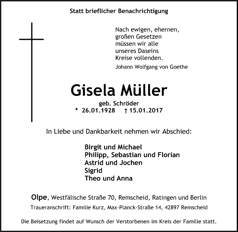  Traueranzeige für Gisela Müller vom 19.01.2017 aus Tageszeitung