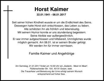 Traueranzeige von Horst Kaimer von Tageszeitung