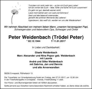 Traueranzeige von Peter Weidenbach von Tageszeitung
