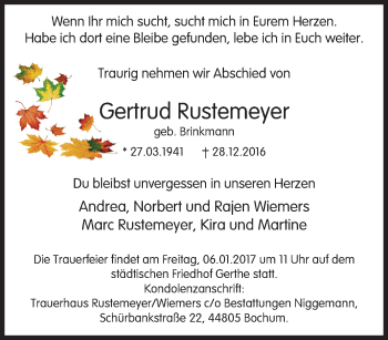 Traueranzeige von Gertrud Rustemeyer von Tageszeitung