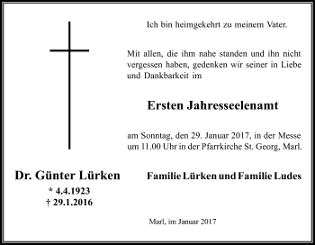 Traueranzeige von Günter Lürken von Tageszeitung