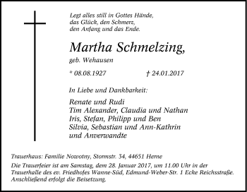 Traueranzeige von Martha Schmelzing von Tageszeitung
