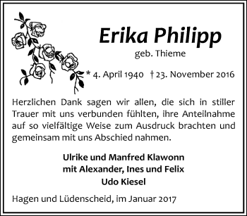 Traueranzeige von Erika Philipp von Tageszeitung