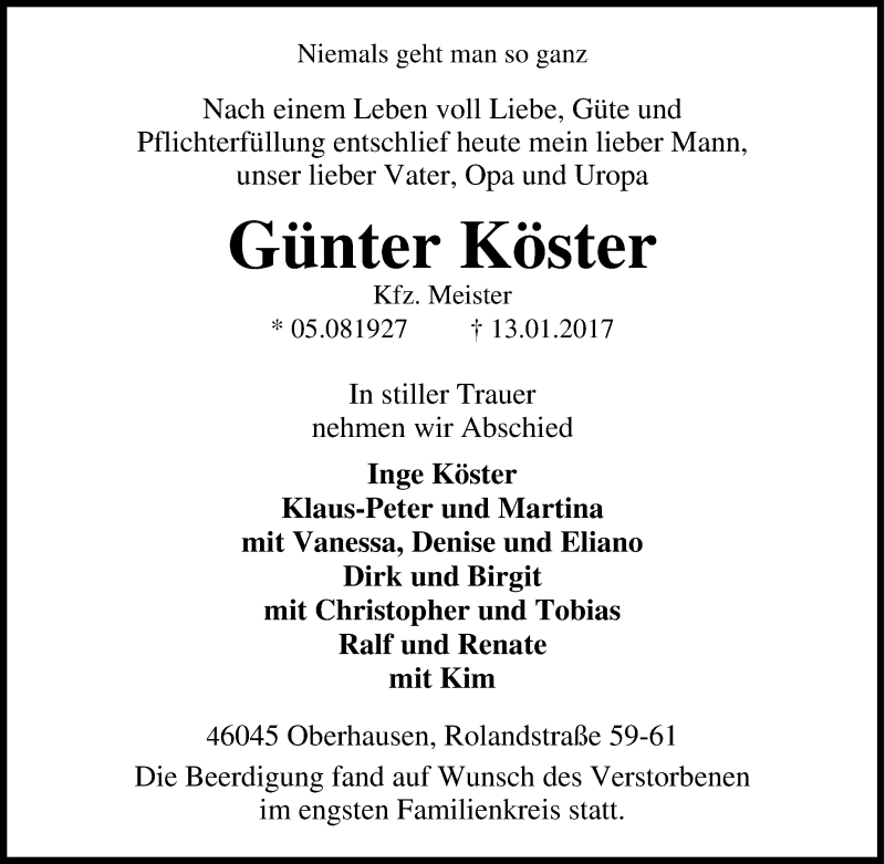  Traueranzeige für Günter Köster vom 21.01.2017 aus Tageszeitung