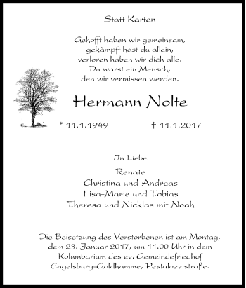 Traueranzeige von Hermann Nolte von Tageszeitung