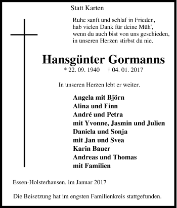 Traueranzeige von Hansgünter Gormanns von Tageszeitung
