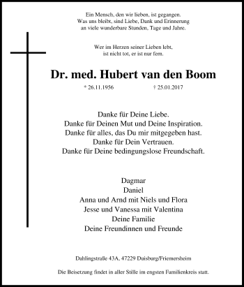 Traueranzeige von Hubert vand den Boom von Tageszeitung