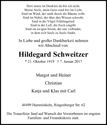 Traueranzeige von Hildegard Schweitzer von Tageszeitung