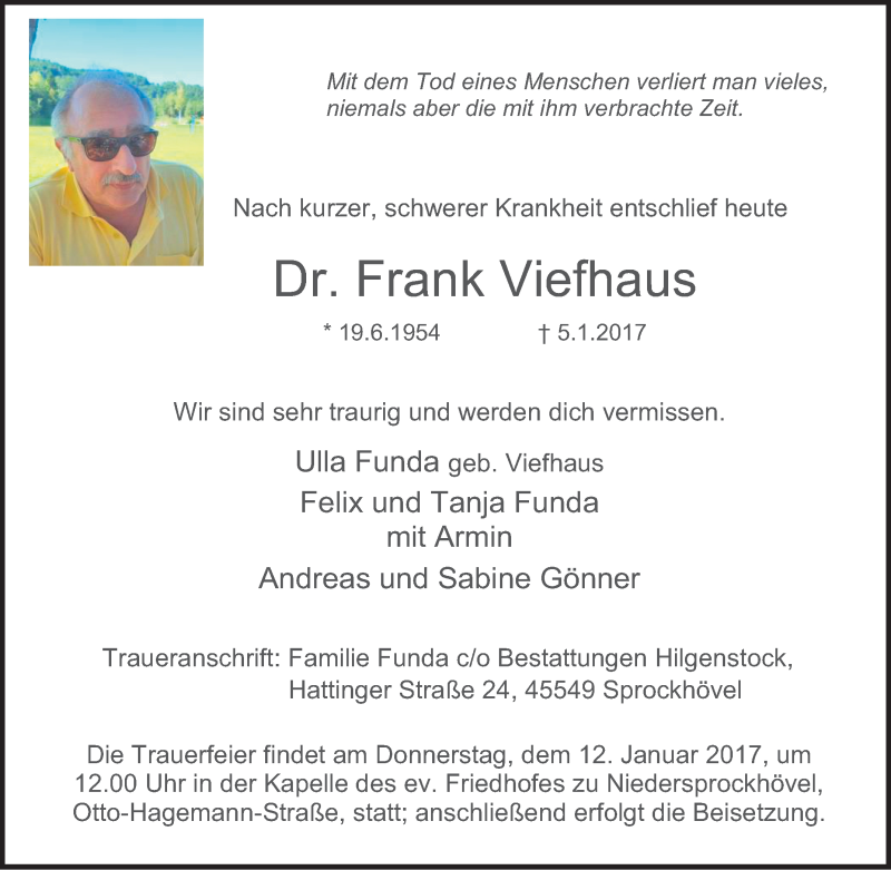  Traueranzeige für Frank Viefhaus vom 07.01.2017 aus Tageszeitung