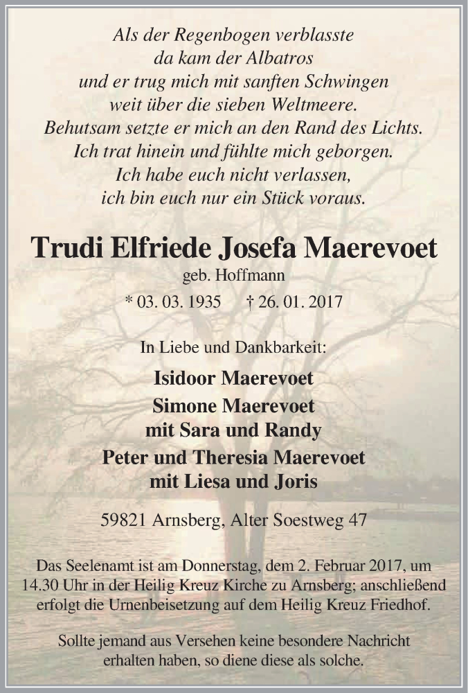  Traueranzeige für Trudi Elfriede Josefa Maerevoet vom 30.01.2017 aus Tageszeitung