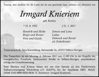 Traueranzeige von Irmgard Knieriem von Tageszeitung
