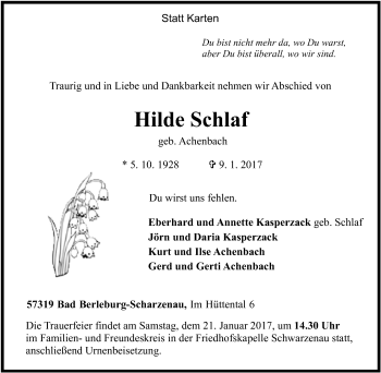 Traueranzeige von Hilde Schlaf von Tageszeitung