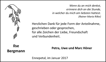 Traueranzeige von Ilse Bergmann von Tageszeitung