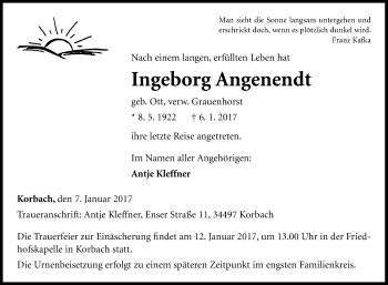 Traueranzeige von Ingeborg Angenendt von Tageszeitung