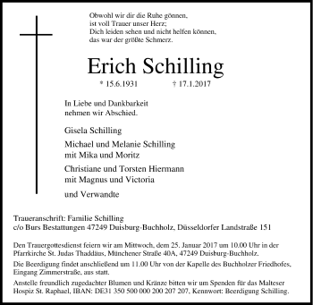 Traueranzeige von Erich Schilling von Tageszeitung
