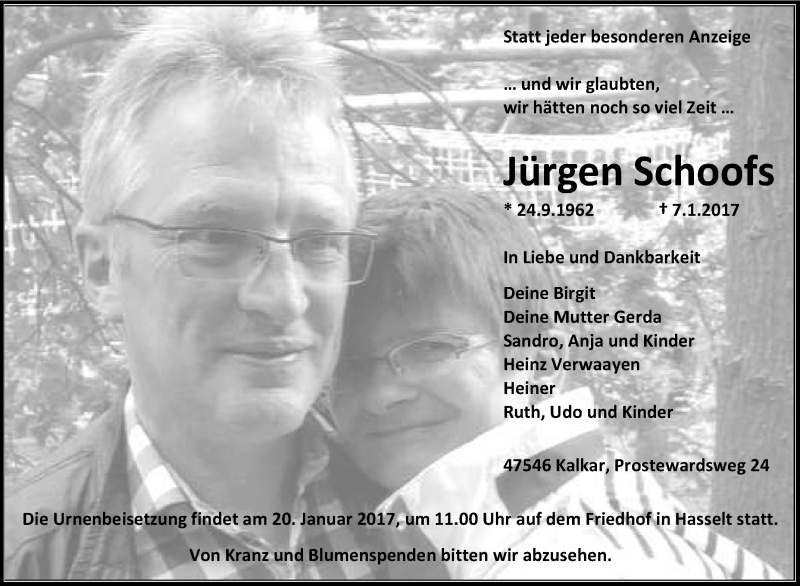  Traueranzeige für Jürgen Schoofs vom 13.01.2017 aus Tageszeitung