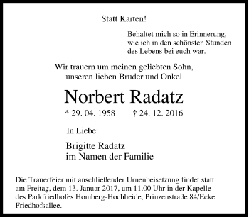 Traueranzeige von Norbert Radatz von Tageszeitung