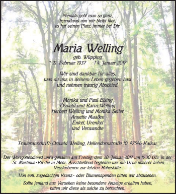 Traueranzeige von Maria Welling von Tageszeitung