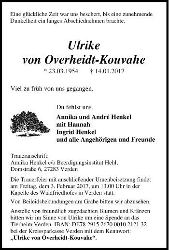 Traueranzeige von Ulrike von Overheidt-Kouvahe von Tageszeitung