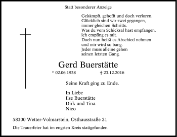 Traueranzeige von Gerd Buerstätte von Tageszeitung