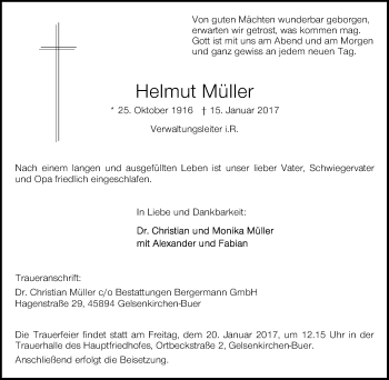 Traueranzeige von Helmut Müller von Tageszeitung