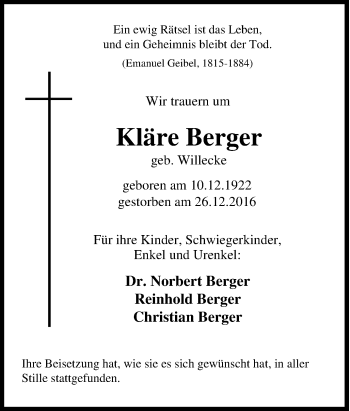 Traueranzeige von Kläre Berger von Tageszeitung