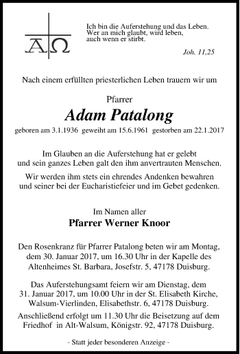 Traueranzeige von Adam Patalong von Tageszeitung