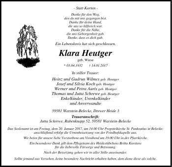 Traueranzeige von Klara Heutger von Tageszeitung