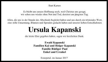 Traueranzeige von Ursula Kapanski von Tageszeitung