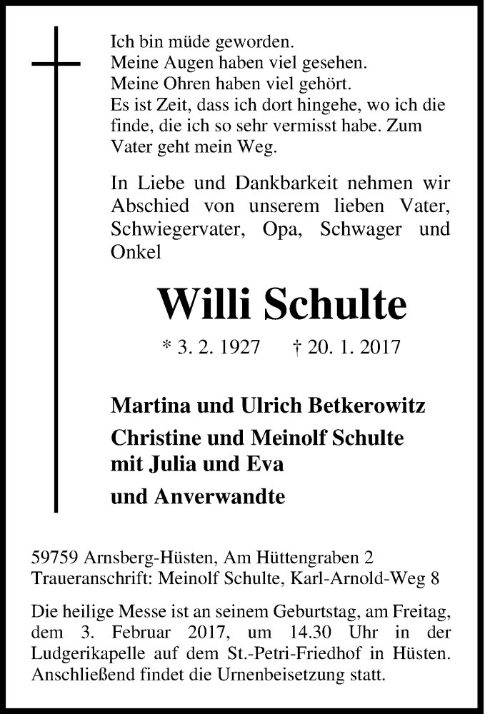  Traueranzeige für Willi Schulte vom 24.01.2017 aus Tageszeitung