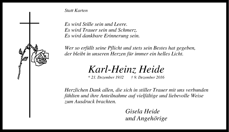  Traueranzeige für Karl-Heinz Heide vom 28.01.2017 aus Tageszeitung