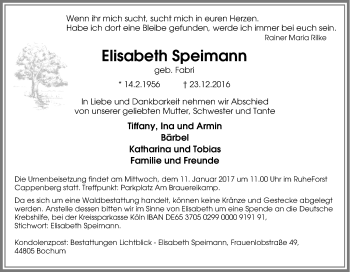 Traueranzeige von Elisabeth Speimann von Tageszeitung