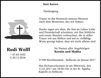 Traueranzeige von Rudi Wolff von Tageszeitung