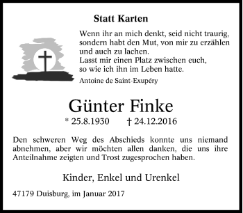 Traueranzeige von Günter Finke von Tageszeitung