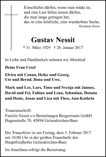 Traueranzeige von Gustav Nessit von Tageszeitung