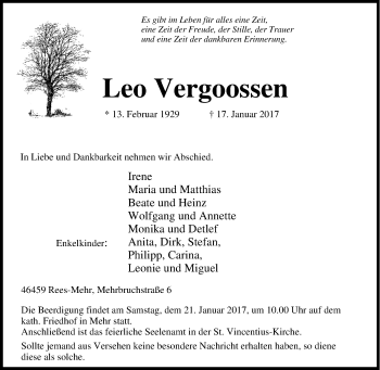 Traueranzeige von Leo Vergoossen von Tageszeitung