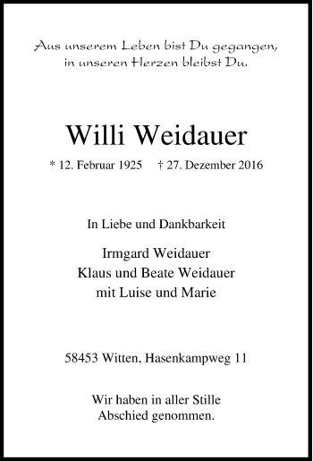 Traueranzeige von Willi Weidauer von Tageszeitung