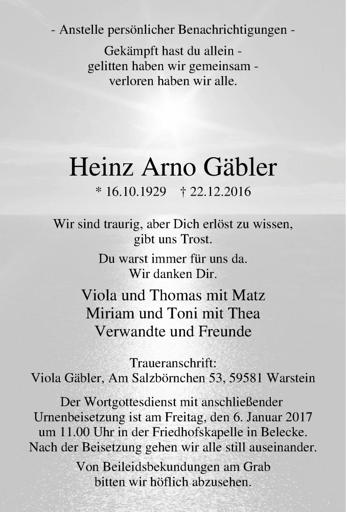  Traueranzeige für Heinz Arno Gäbler vom 02.01.2017 aus Tageszeitung