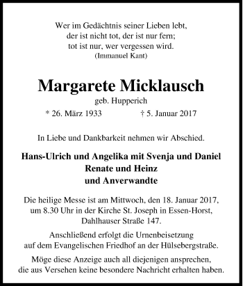 Traueranzeige von Margarete Micklausch von Tageszeitung