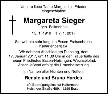 Traueranzeige von Margareta Sieger von Tageszeitung