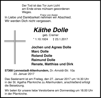 Traueranzeige von Käthe Dolle von Tageszeitung