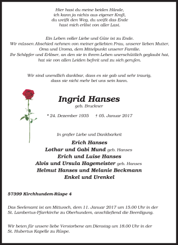 Traueranzeige von Ingrid Hanses von Tageszeitung