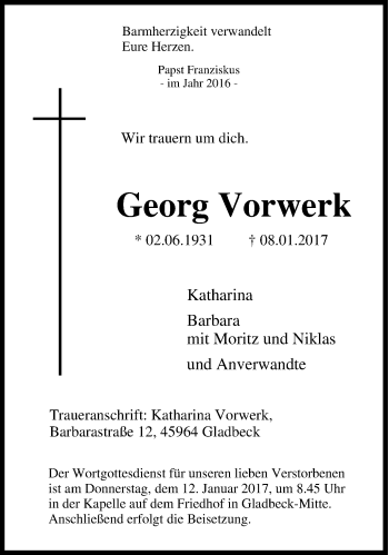 Traueranzeige von Georg Vorwerk von Tageszeitung